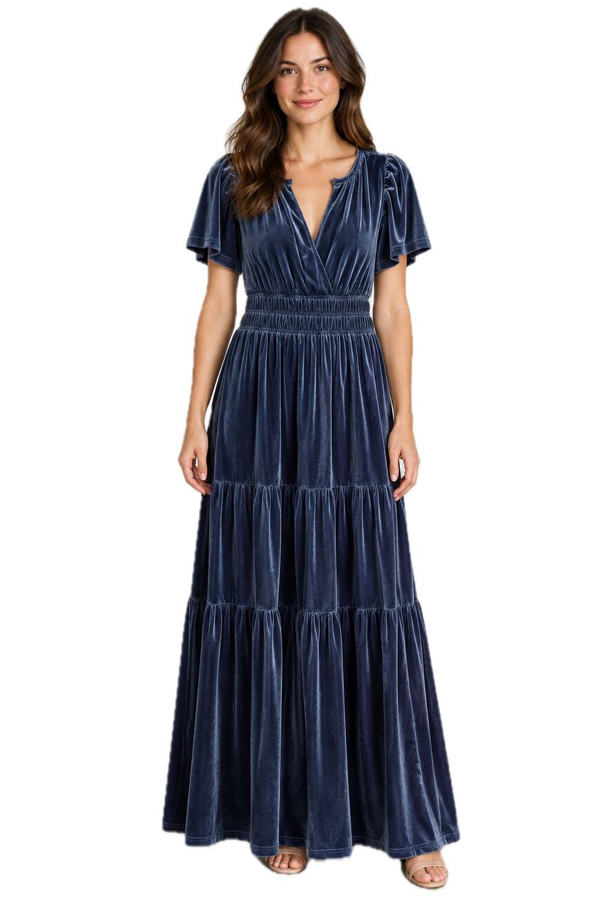 See And Be Seen Dusty Blue Velvet Tiered Maxi Dress V Neck Flutter Sleeve Size S
